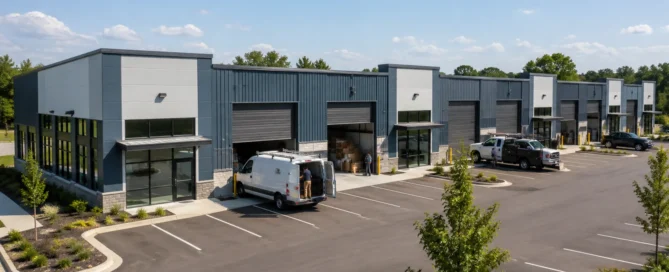 Modern warehouse complex with loading bays; white and blue-gray buildings, vans parked at docks.