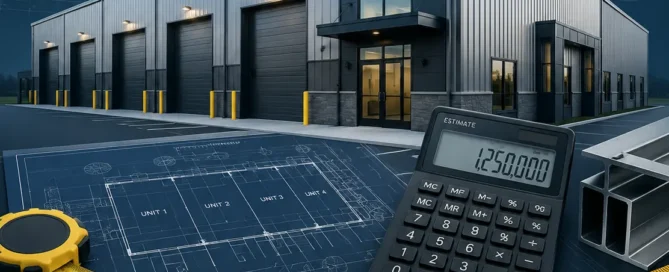 Industrial warehouse with blueprint plans, calculator, and measuring tools in the foreground, captioned 'Plan Smart. Build Smarter.'